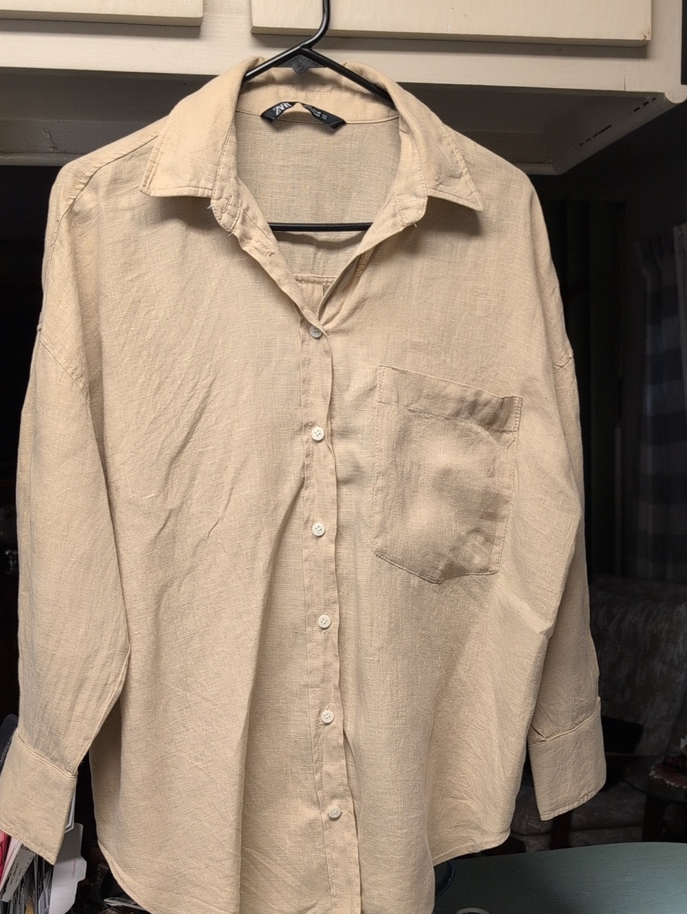 Zara Tan Linen Button Down Linen Shirt.
